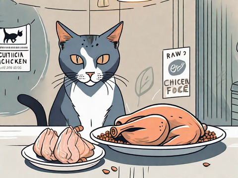 A hungry gray cat looks at raw chicken.