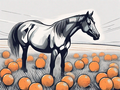 An artistic drawing of a horse in a field filled with large oranges on the ground.
