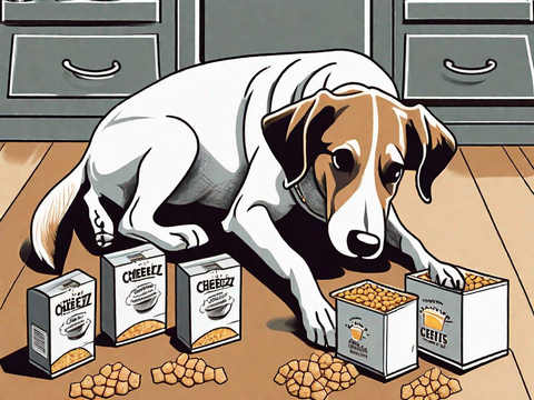 An artistic rendering of a dog looking unwell in the presence of 5 boxes of cheese crackers and piles of crackers on the floor.