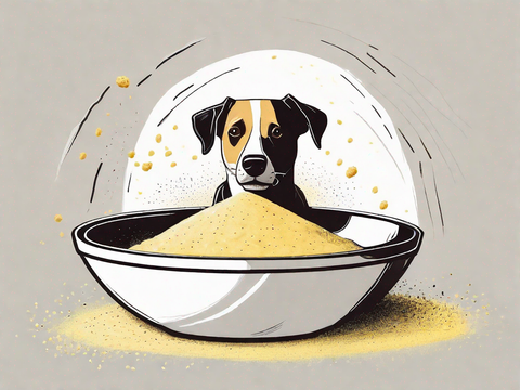 Artistic drawing of a dog looking at a bowl of grits.