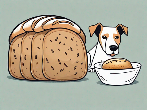 A drawing of a loaf of bread and a dog looking at a dish with bread in it, symbolizing the cautious approach in feeding sourdough to dogs.