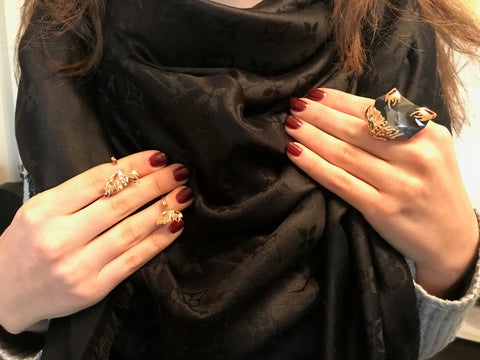 Gold Flutter Midi Rings (large and small) and Silver Night Ring by Outhouse Jewellery