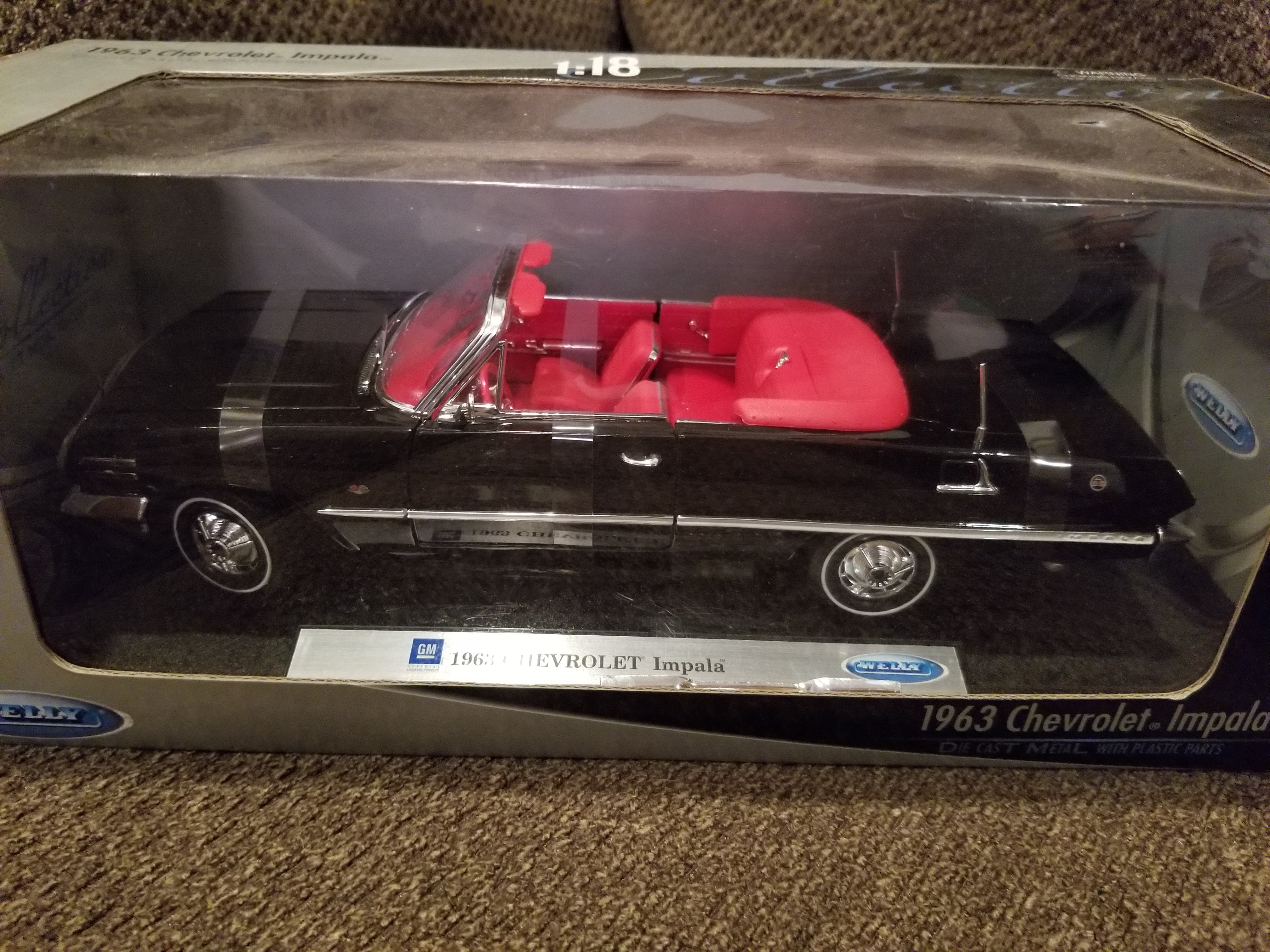 1963 Chevrolet Impala Black Convertible With Red Interior 1 18 Diecast Model Car By Welly