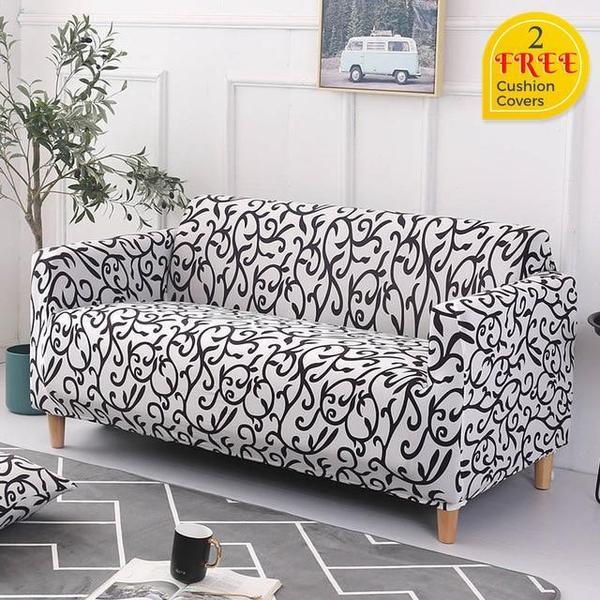 Black White Curly Leaves Design Stretch Sofa Cover Home Decor Tiptophomedecor