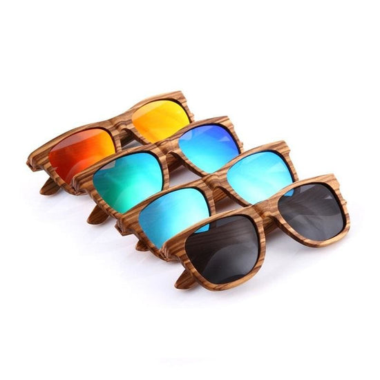 Lunettes de soleil carrées en bois de zèbre avec verres miroir bleu  polarisés