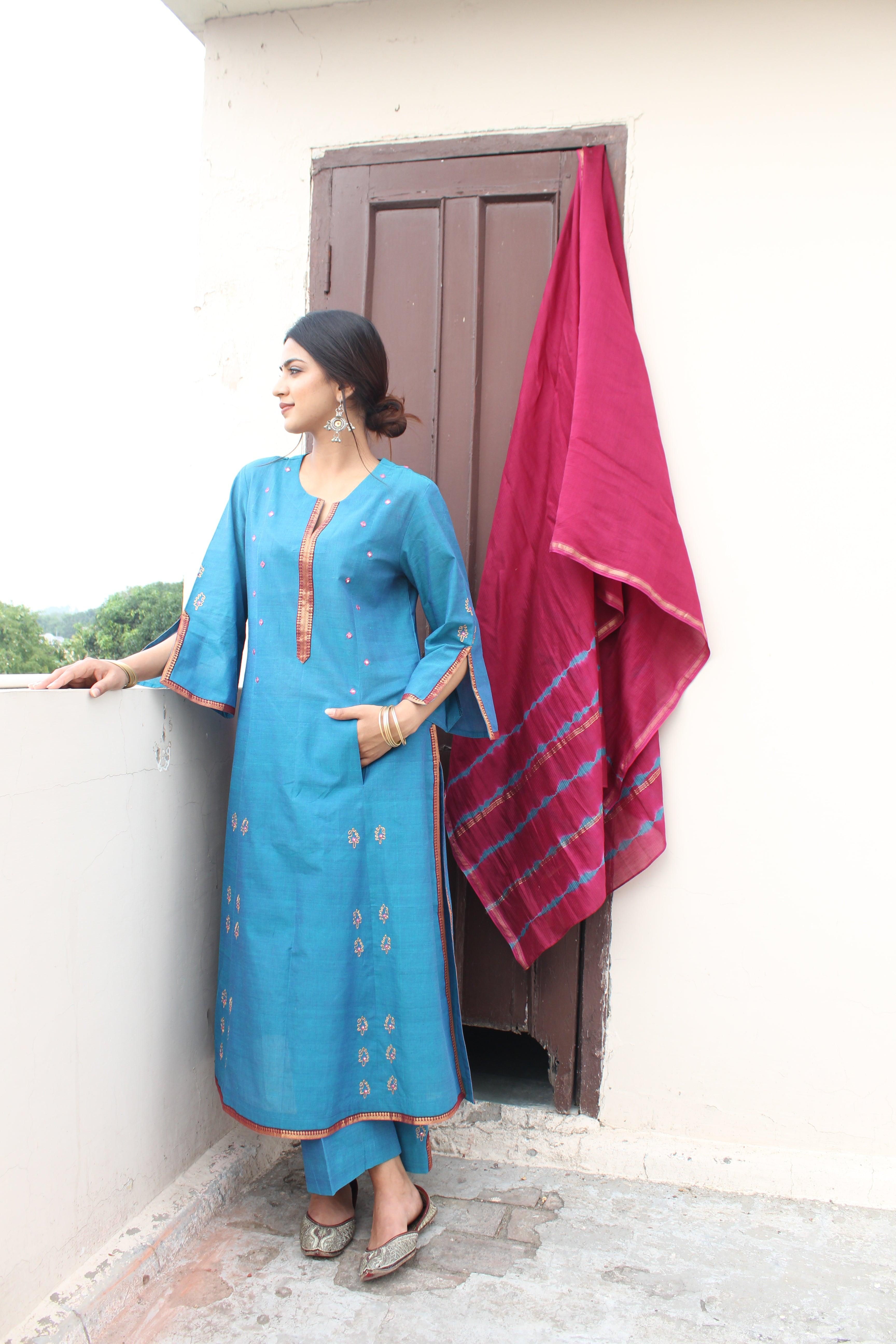 Blue Mangalagiri Frock With Contrast Border  Shopzters