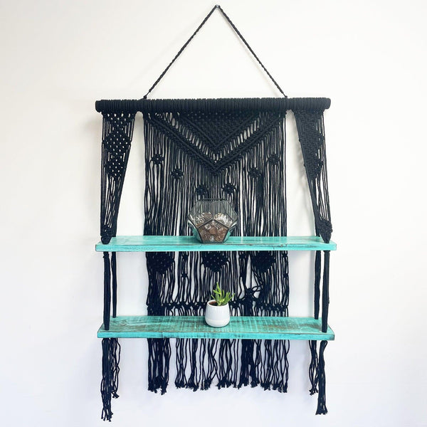 Black Macrame Hanging Shelves - Turquoise 1