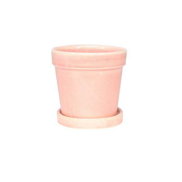 Vintage Pink-Stoneware Painted Pot with Saucer (10x10cm) - Lost Land Interiors