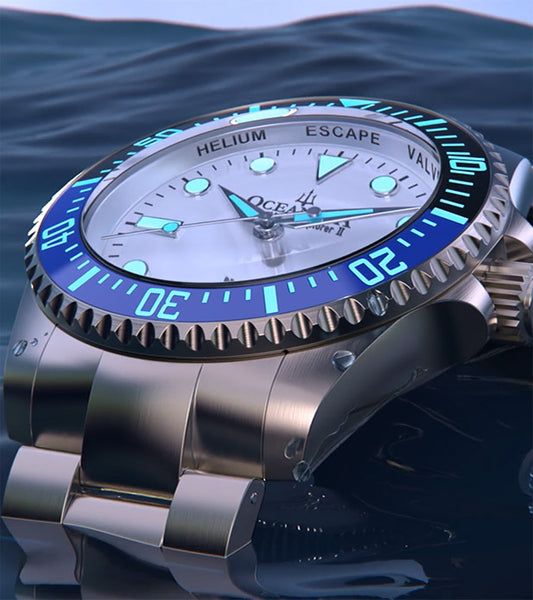 Oceaneva Titanium Watch, White Dial with Blue and Black Ceramic Bezel