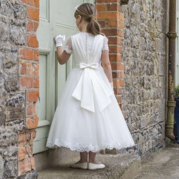 Mikado and Lace Tulle Communion Dress with Pleated Back