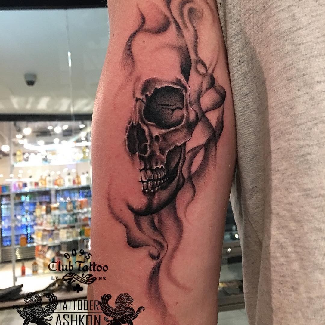 Skull, revolver, smoke, coffin, death, half sleeve tattoo idea | TattoosAI