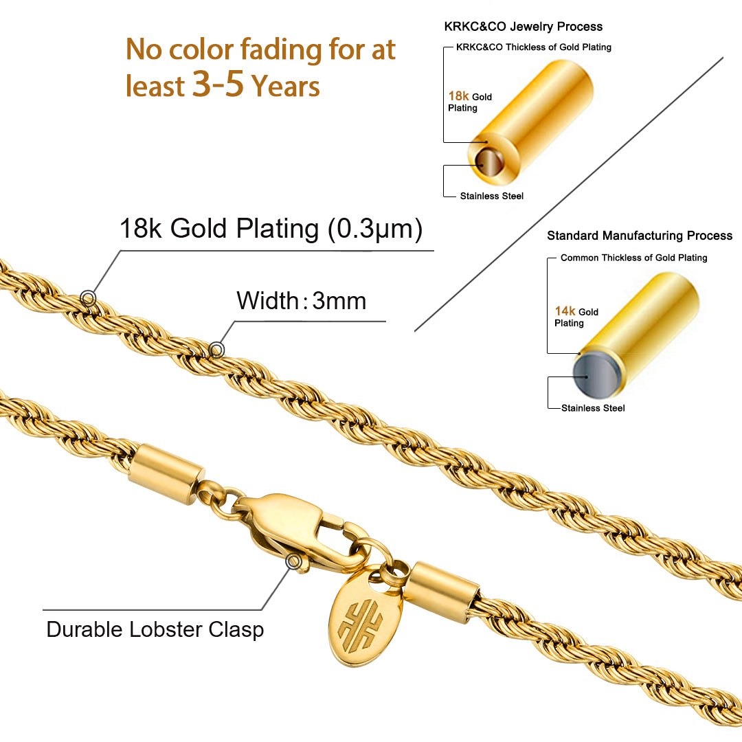 3mm Stainless Steel Rope Chain in 18K Gold for Men- KRKC&CO – krkc&co