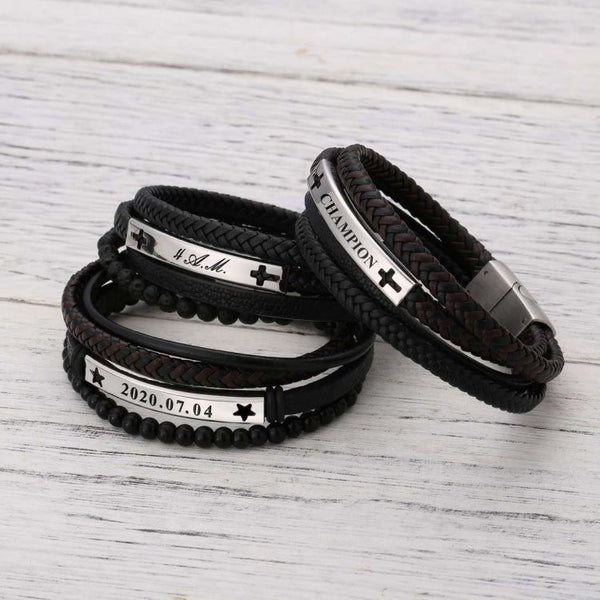 Leather beaded mens custom bracelet with an engraved bar