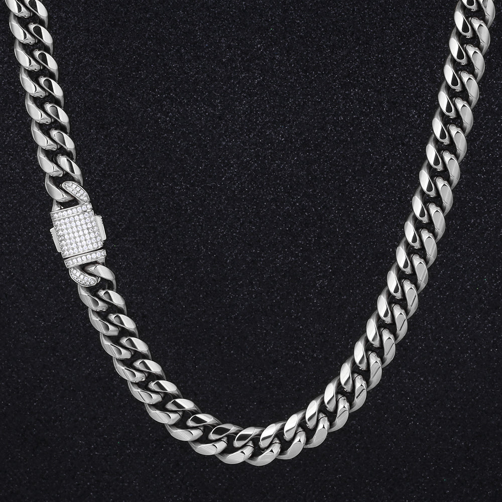 Diamond Clasp Miami Cuban Link Chain (12mm) in White Gold