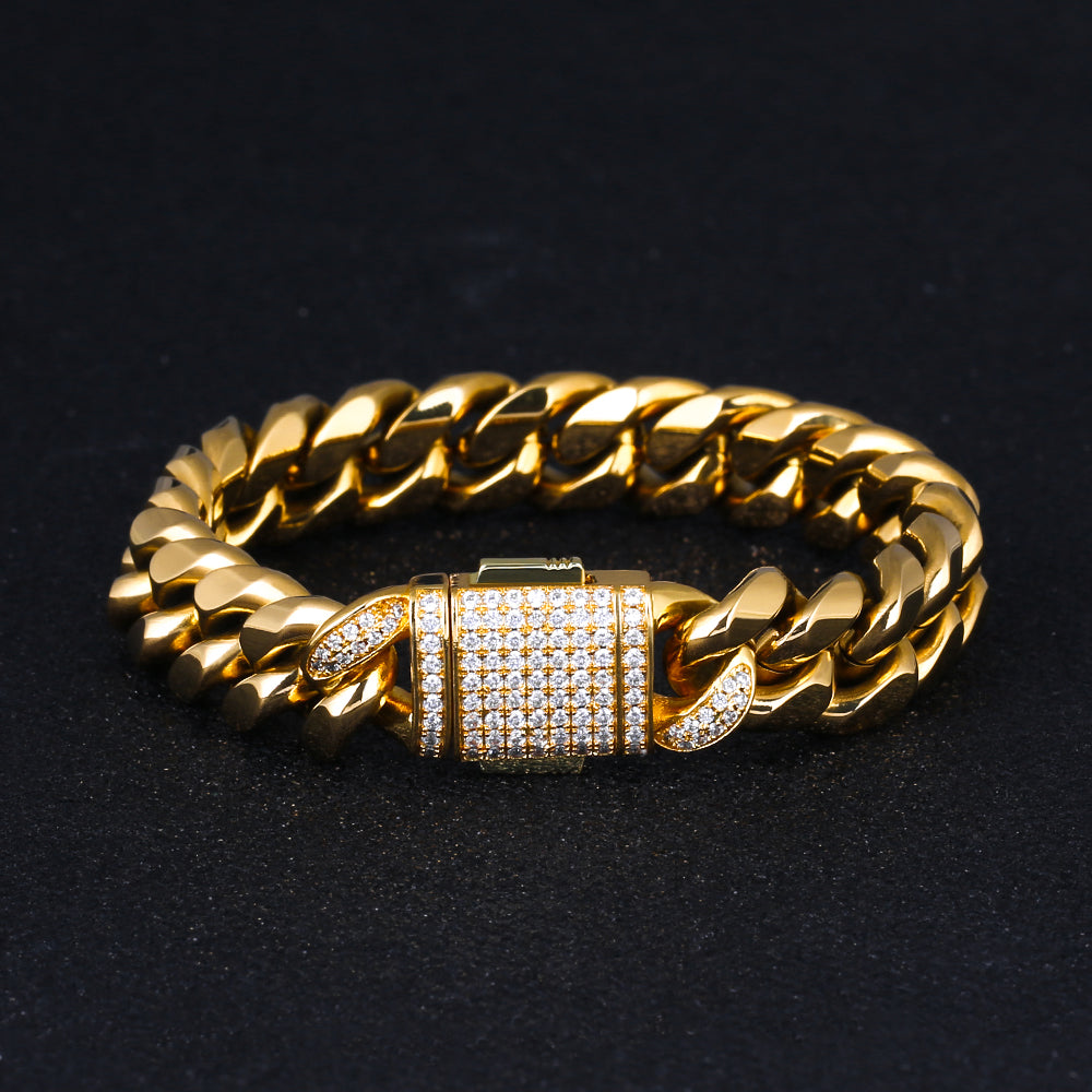 12mm Iced Out Box Clasp Miami Cuban Link Bracelet in 18K Gold