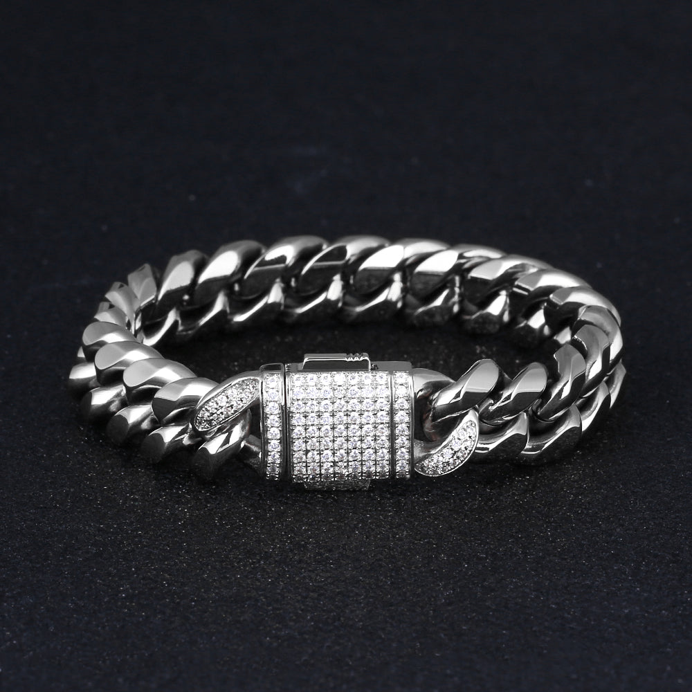 12mm Iced Out Box Clasp Miami Cuban Link Bracelet in White Gold