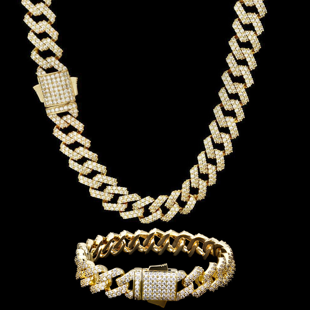 12mm Iced Out Prong Link Cuban Link Chain and Bracelet Set in 14K Gold