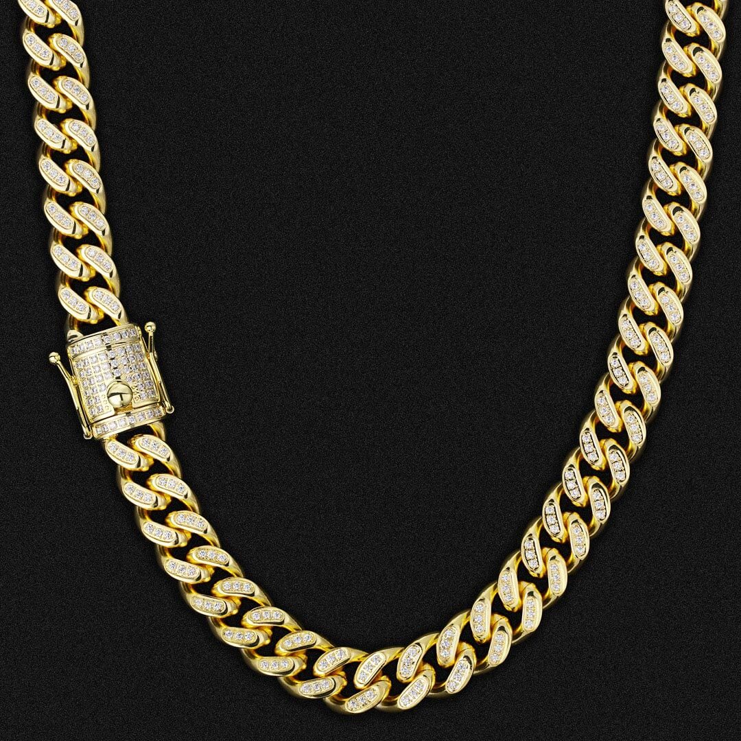 14mm Iced Out Cuban Link Chain for Men's Necklace in 14K Gold KRKC