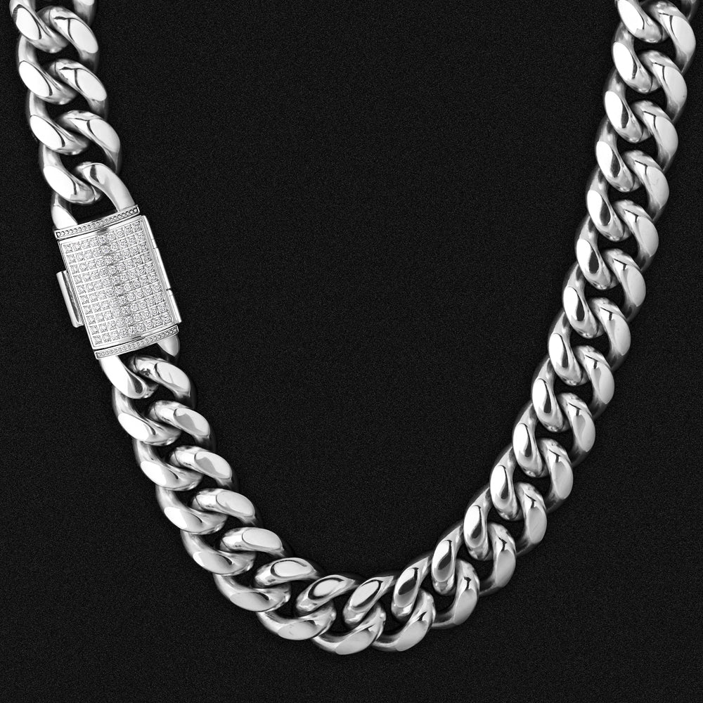 18mm Box Clasp Cuban Link Chain in White Gold for Men's Necklace KRKC