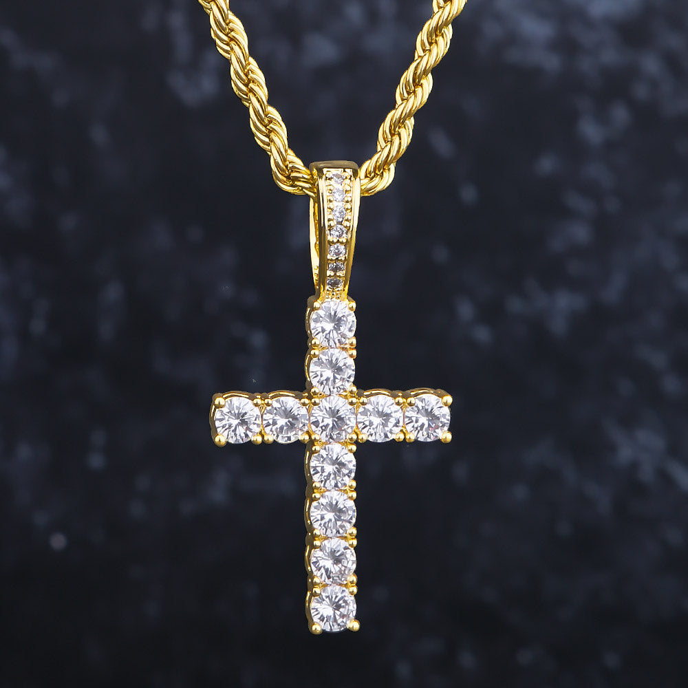 Iced Out Mens Cross Pendant Necklace in 14K Gold KRKC