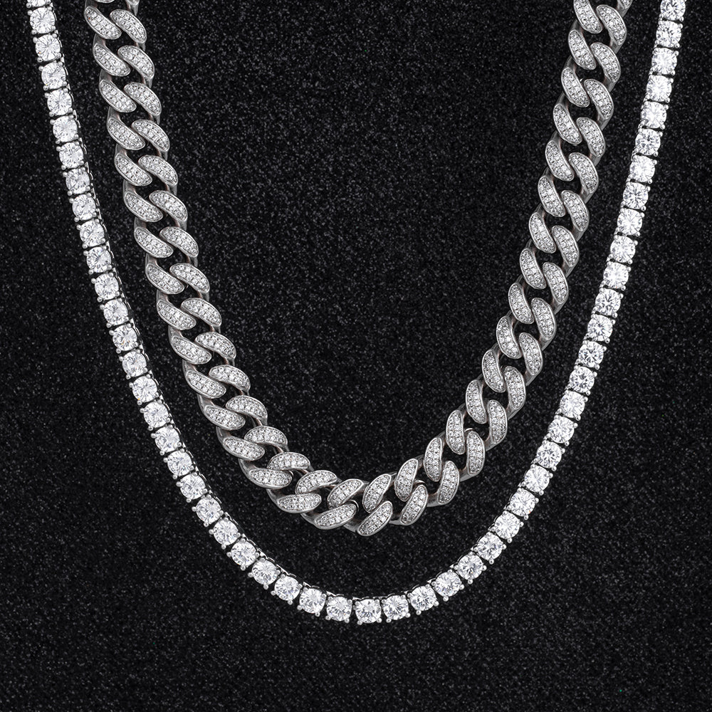 Iced Cuban Choker and Tennis Chain Set White Gold Plated