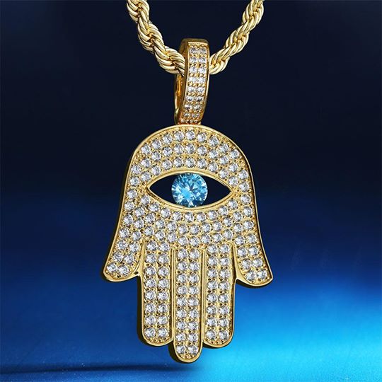 Iced Out Hamsa Hand Pendant Necklace in 14K Gold for Men-KRKC&CO – krkc&co