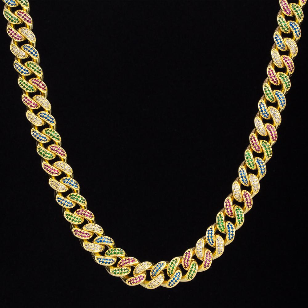 12MM Multicolored Iced Out Cuban Chain 14K Gold Plated