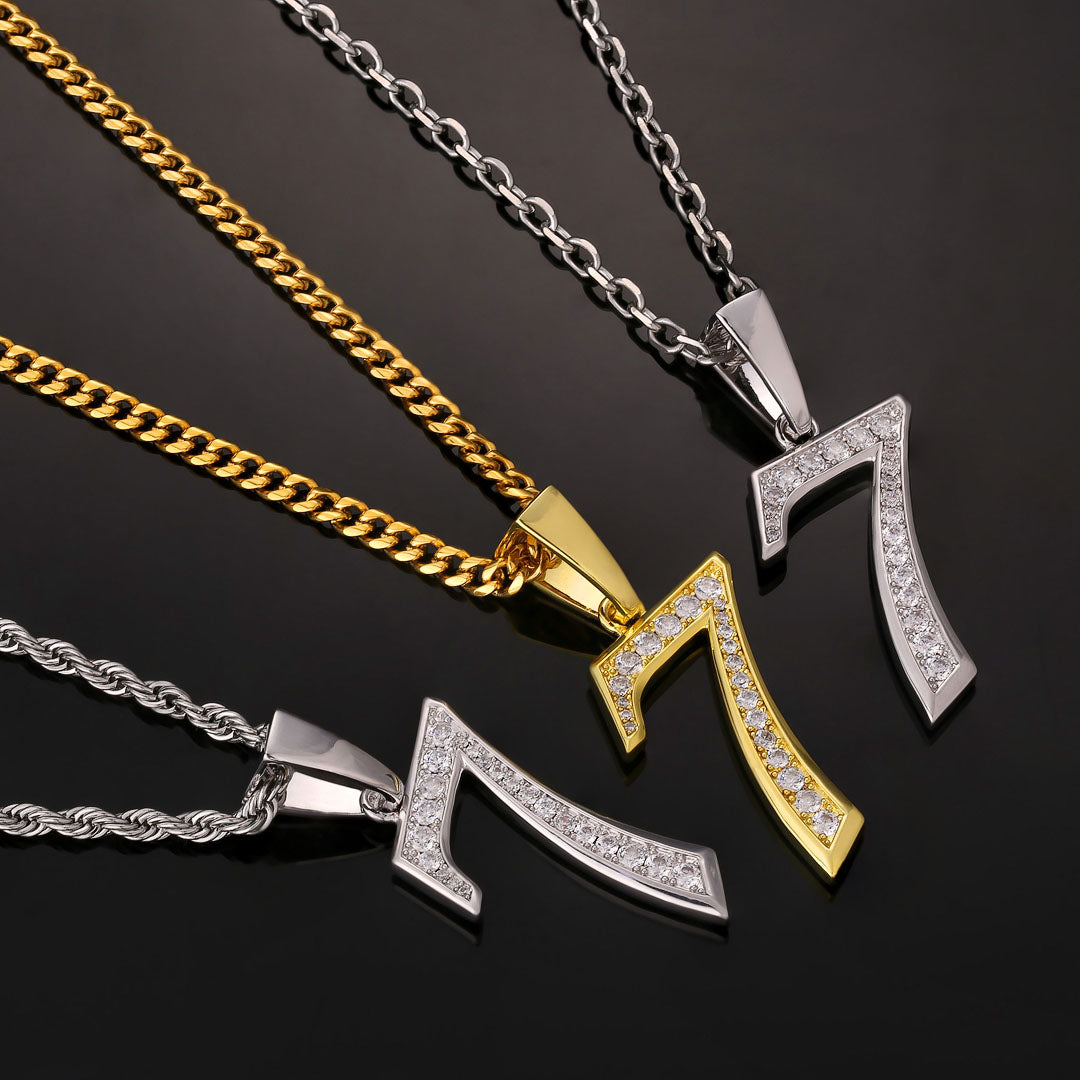 KRKC Iced Out Lucky Number 7 Mens Pendant Necklace in White Gold/14K Gold