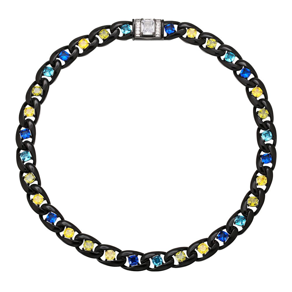 12mm Colored Gemstone Cuban Chain Necklace in Black Gold KRKC