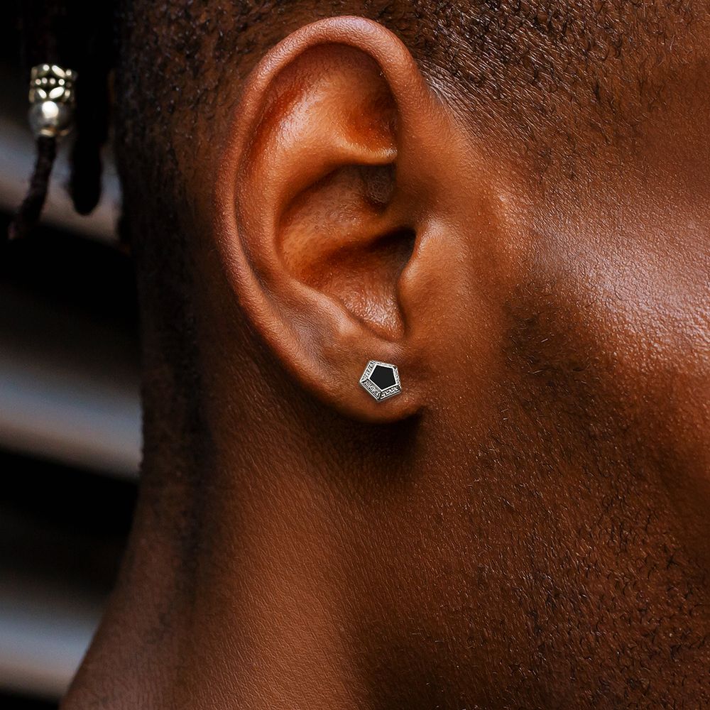 925 Sterling Silver Pentagon Black Onyx Diamond Stud Earrings for Men ...