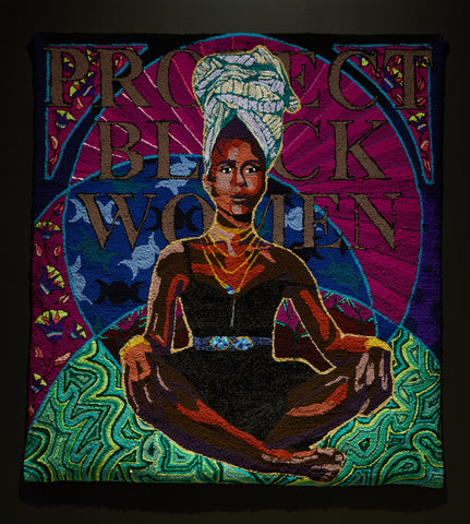 protect black women tufted in the background of a piece by fiber artist Simone Elizabeth Saunders