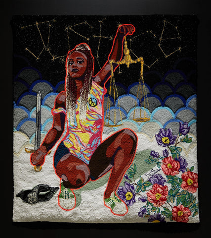 lady justice, a tufted work by Simone Elizabeth Saunders