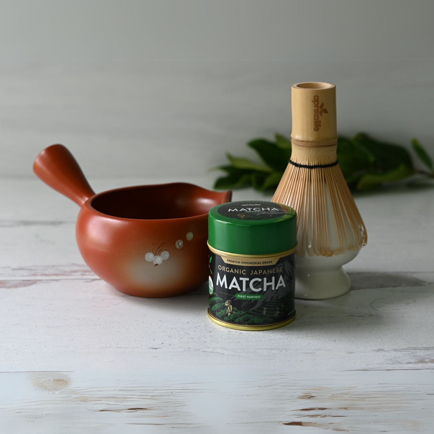 Red Flowers Ceramic Matcha Bowl with Spout, Bamboo Matcha Whisk, Whisk Holder and Organic Japanese Matcha Set