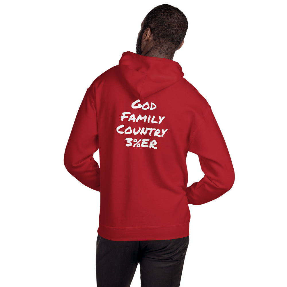 red hoodie with white writing