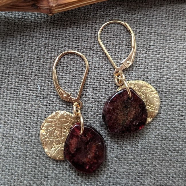 Handmade artisan garnet gemstone drop earrings with gold bronze flakes, handcrafted by Aurora Creative Jewellery