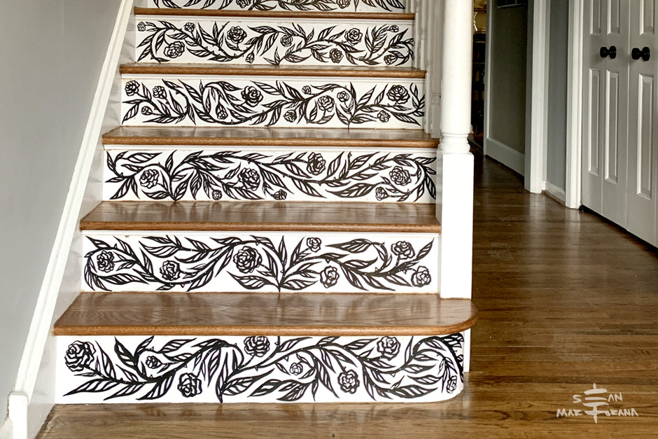 Interior Stair Risers Mural Hand-painted in black and white by Sean Martorana