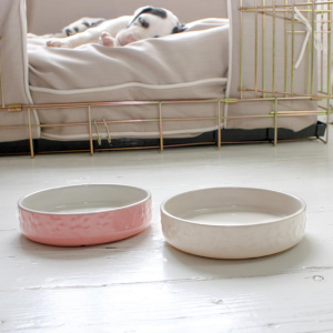 A pink and a white paw print embossed bowl in front of a dog crate