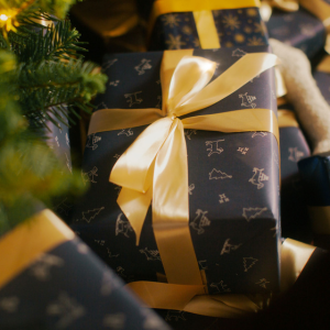 Present wrapped in dog and cat pattern navy christmas wrapping paper with a gold ribbon bow