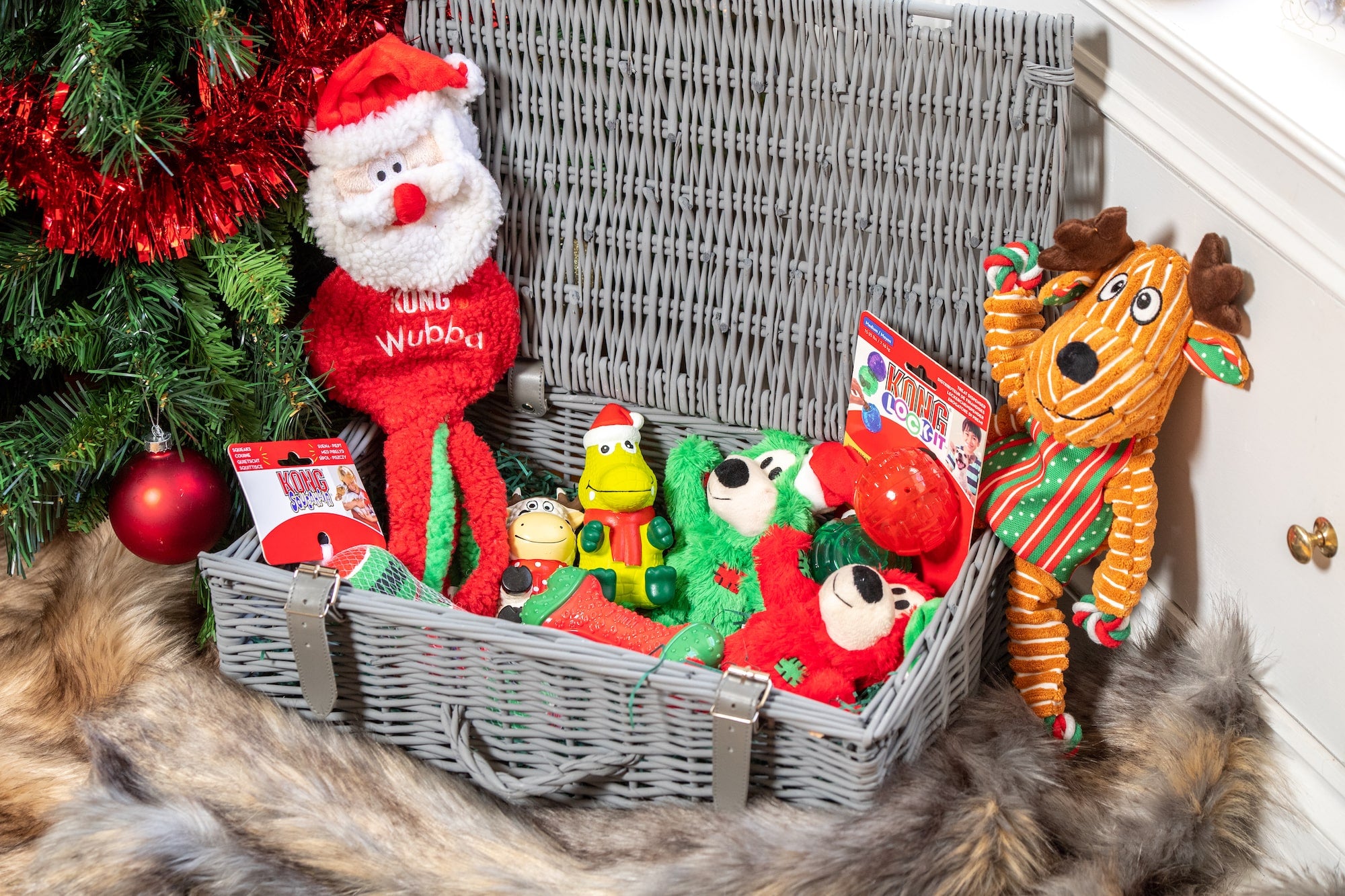 Christmas toys in a hamper