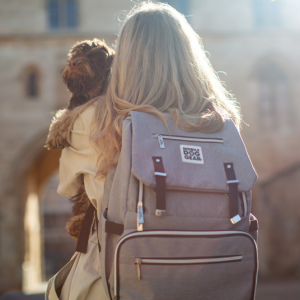 Blonde woman on a summer walk with her brown cockapoo wearing a grey mobile dog gear backpack