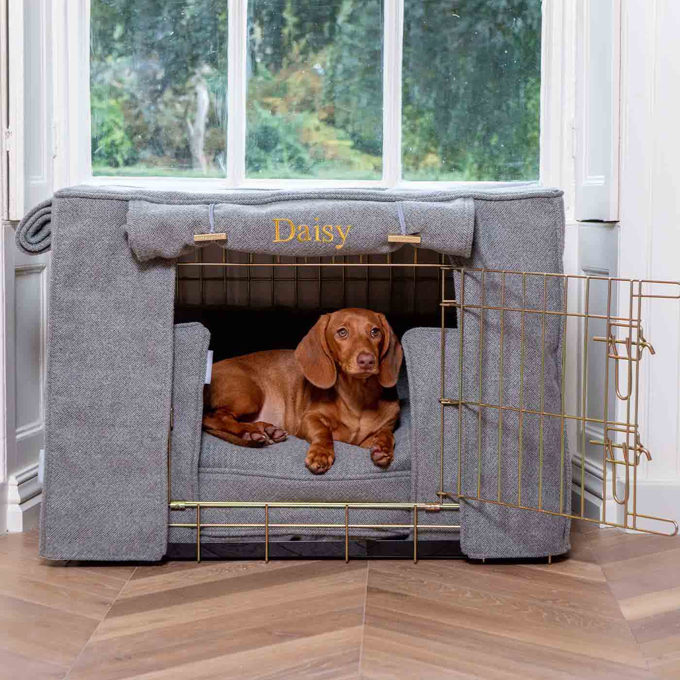 Dog Crate Set In Pewter Herringbone Tweed by Lords & Labradors