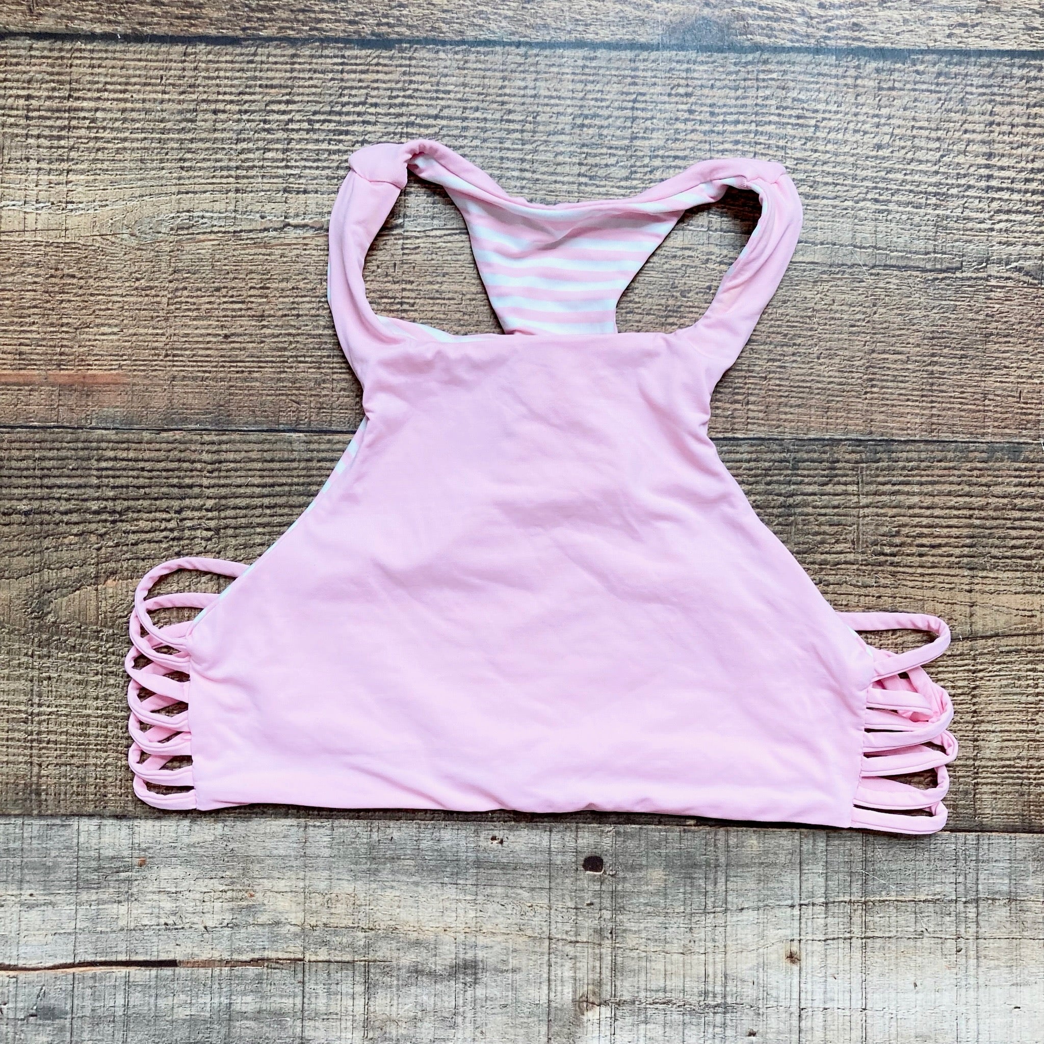 No Brand Pink/Pink and White Striped Reversible Racerback Strappy Bikini Top- Size ~S (we have matching bottoms, see notes)