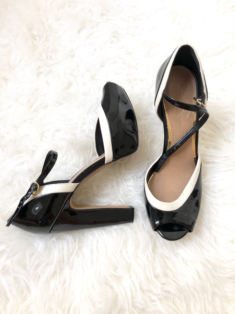 black and white block heels