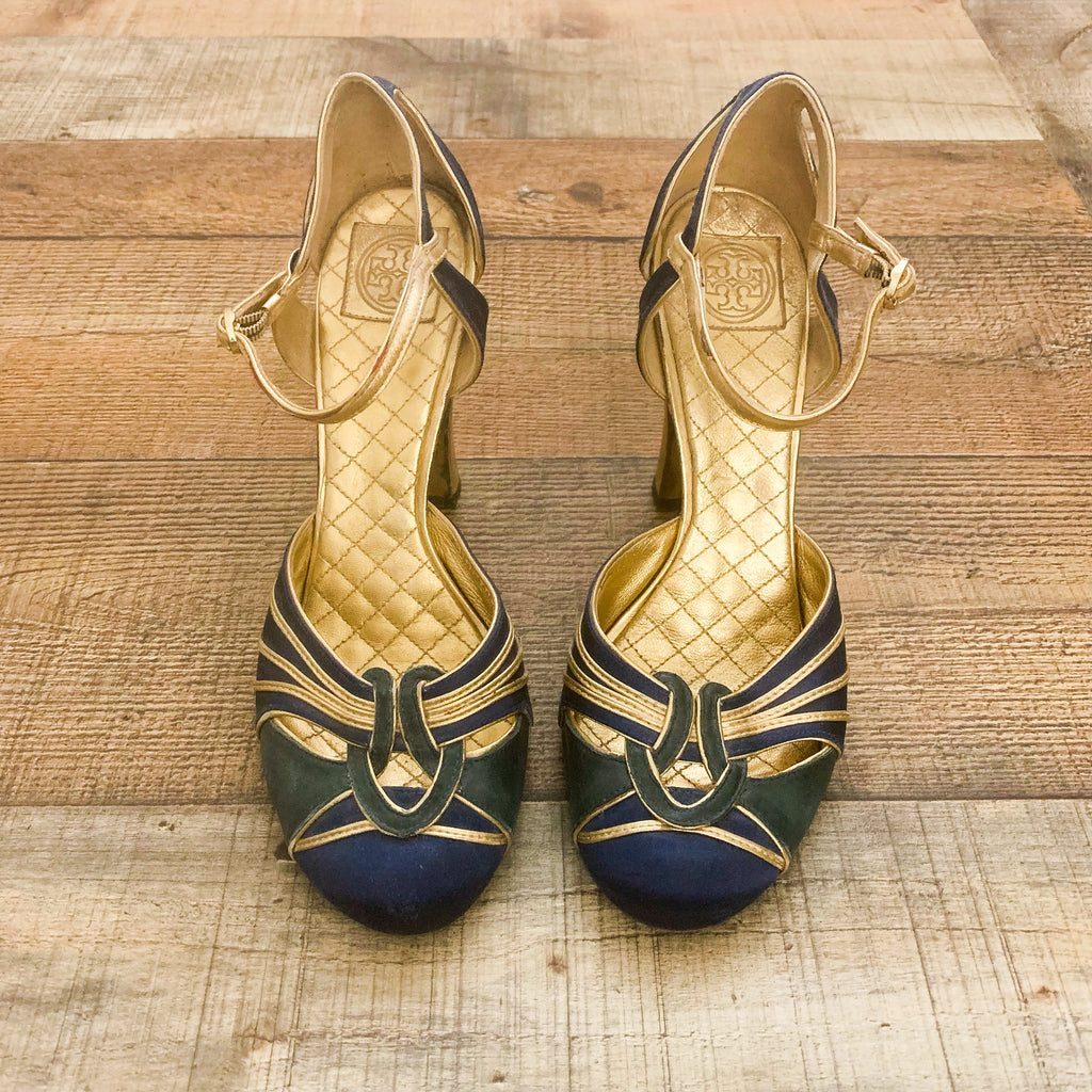 Tory Burch Navy Blue/Gold Heels- Size  (See Notes) – The Saved Collection