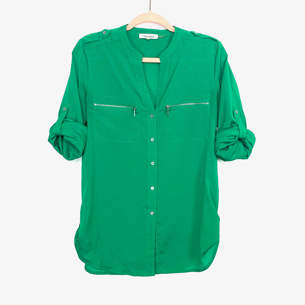 Calvin Klein Green Button Up Zipper Front Blouse- Size S – The Saved  Collection