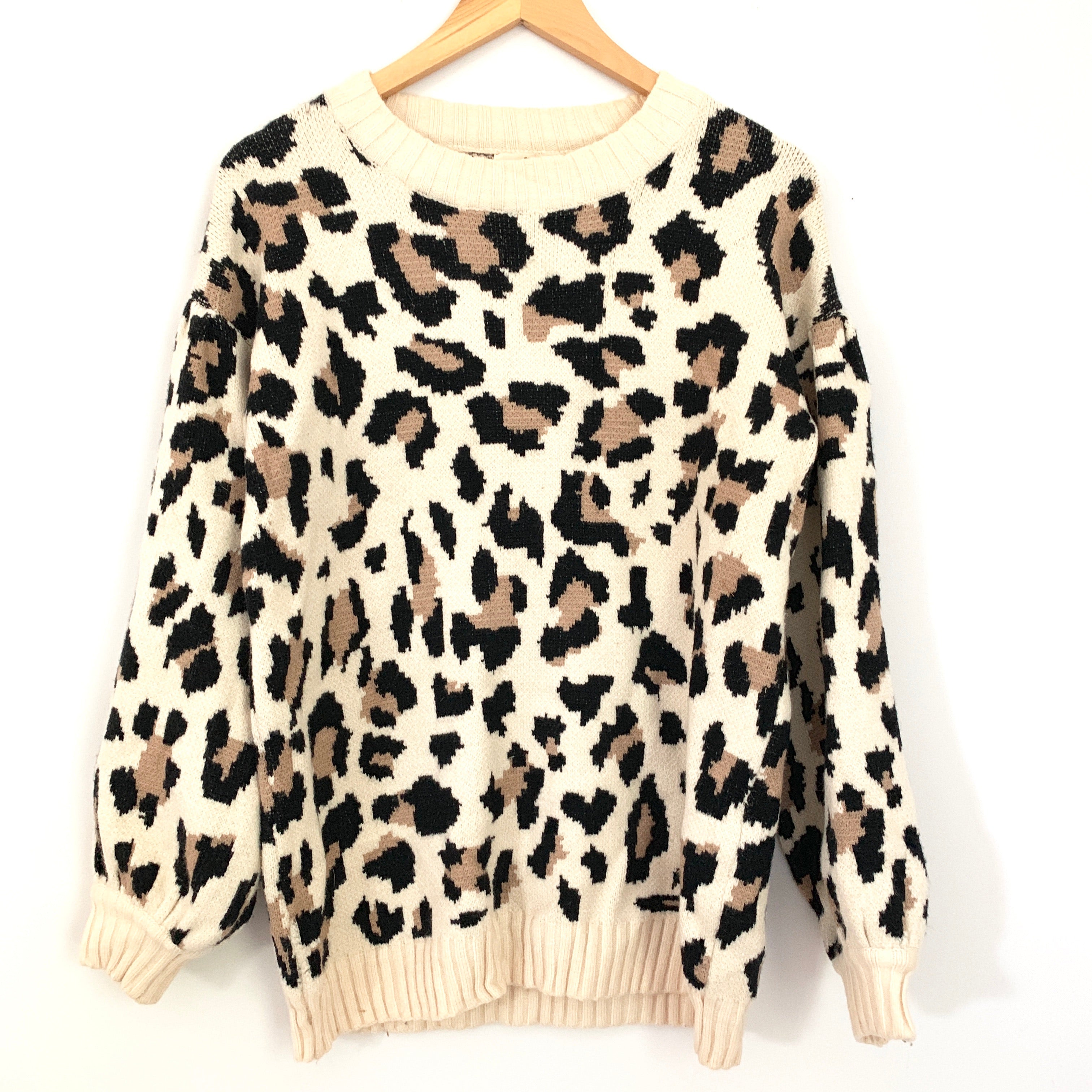 Entro Cream Leopard Sweater with Bubble Sleeves- Size S