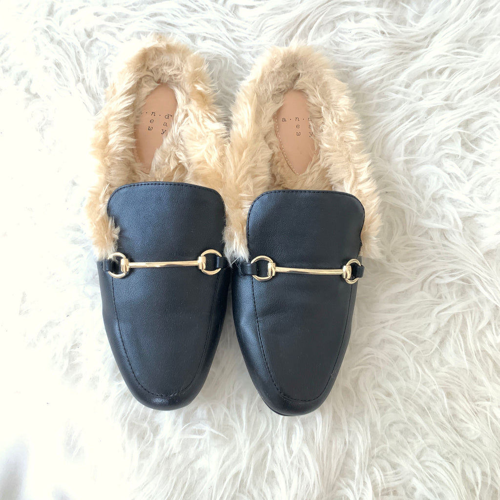 Black Faux Fur Mules- Size 9.5 