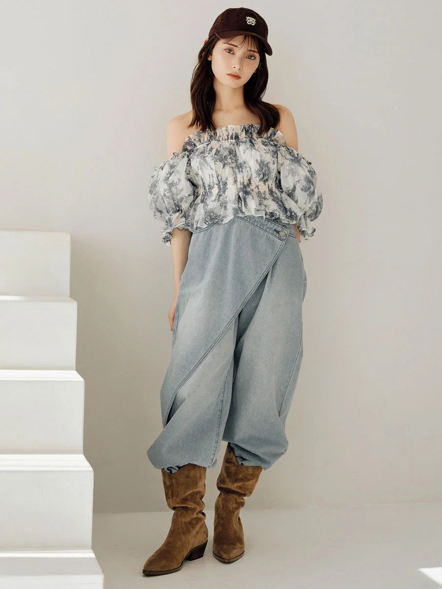 Smocked Off Shoulder Chiffon Blouse in FLOWER, Premium Fashionable Women's Tops Collection at SNIDEL USA.