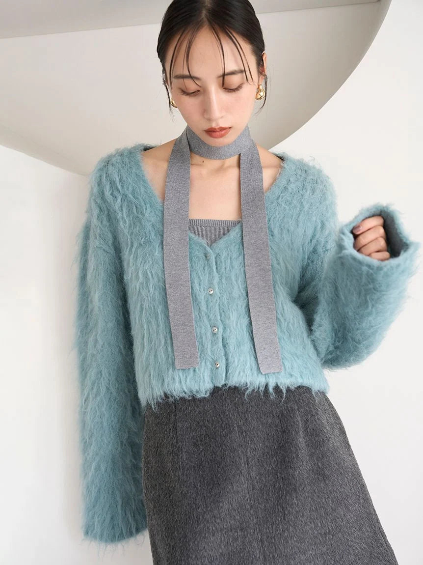 2-in-1 Layered Knit Top and Fuzzy Cardigan in Turquoise, Premium Women's Fashionable Cardigans, Pullover at SNIDEL USA
