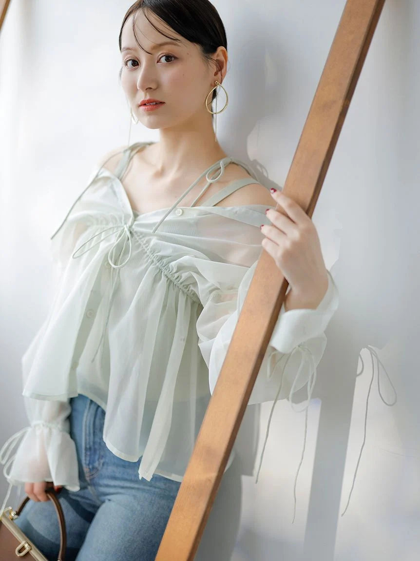 Two-in-One Sheer Chiffon Blouse with Knit Croptop in MINT, Premium Fashionable Women's Tops Collection at SNIDEL USA.